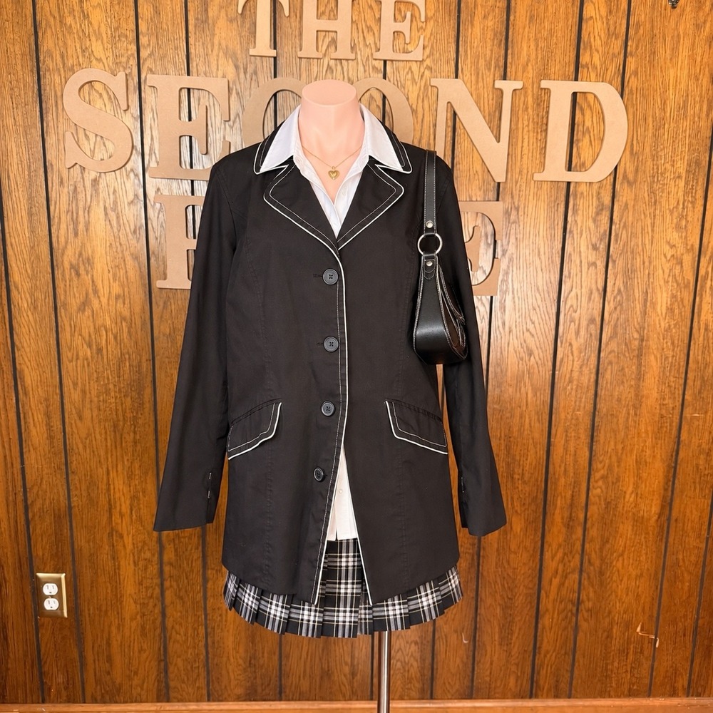 Y2K Black Trench Coat Dennis Basso Women L Contrast Piping Preppy Mod Minimalist